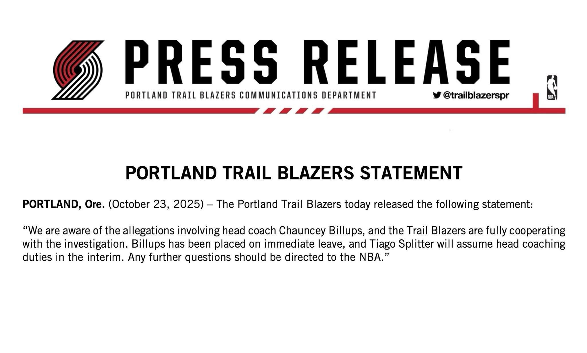 開拓者官方：比盧普斯已被停賽 球隊全力配合調(diào)查