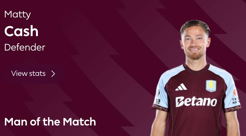 稱(chēng)號(hào)：打進(jìn)唯一進(jìn)球幫助維拉擊敗曼城 卡什當(dāng)選本場(chǎng)最佳球員