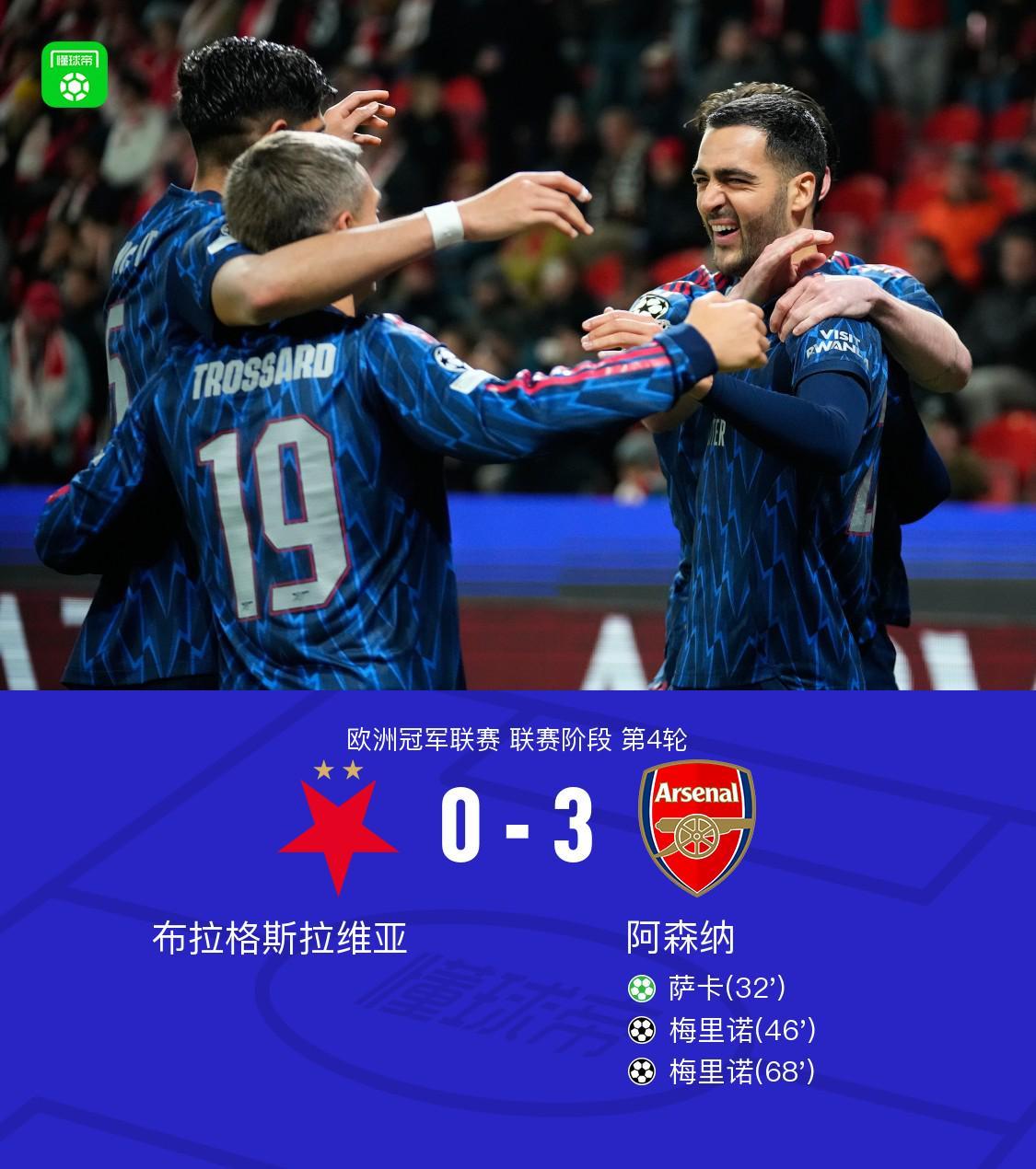 爭(zhēng)冠：阿森納客場(chǎng)3-0勝布拉格斯拉維亞 梅里諾雙響 薩卡點(diǎn)球破門(mén)